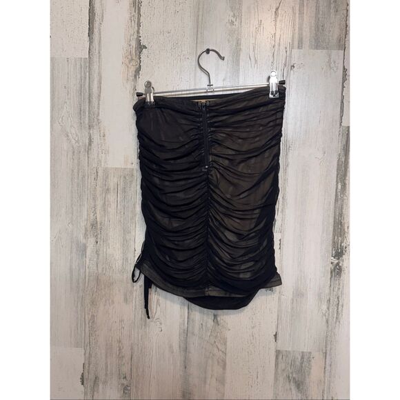 Privy Windsor Black Mesh Ruched Mini Skirt | Sheer Overlay Nude Lining Bodycon S - Picture 4 of 10